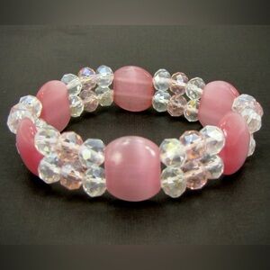 Pink Glass Bead bracelet with Pink Cat Eye Stones, Stretch Bracelet - New
